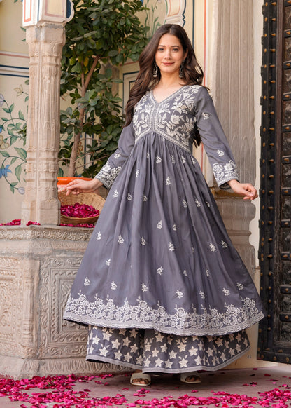 Grey Rayon Ethnic Motif Embroidery Fit And Flared  Kurta With Sharara Set