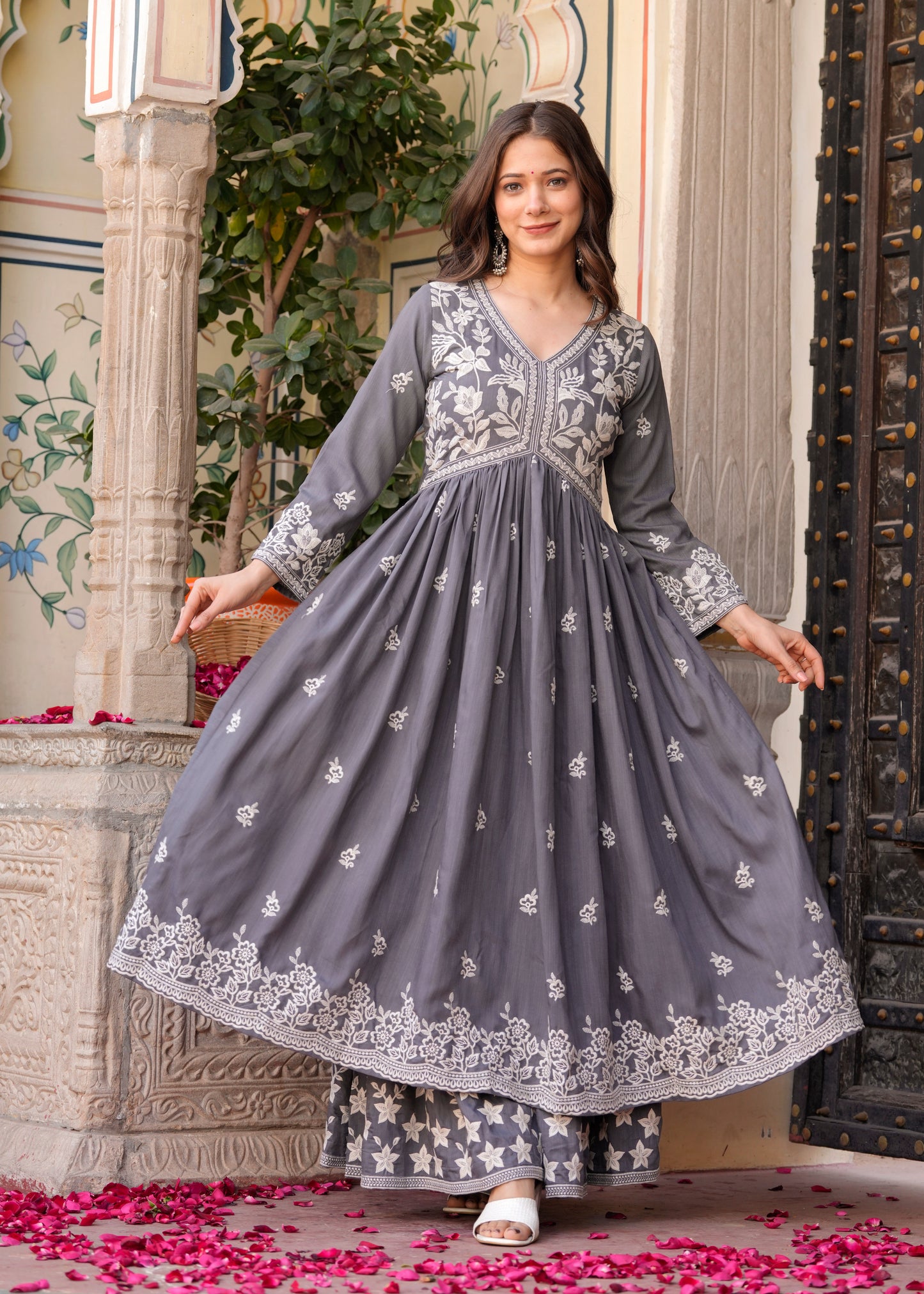 Grey Rayon Ethnic Motif Embroidery Fit And Flared  Kurta With Sharara Set