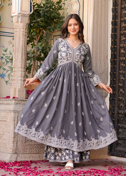 Grey Rayon Ethnic Motif Embroidery Fit And Flared  Kurta With Sharara Set