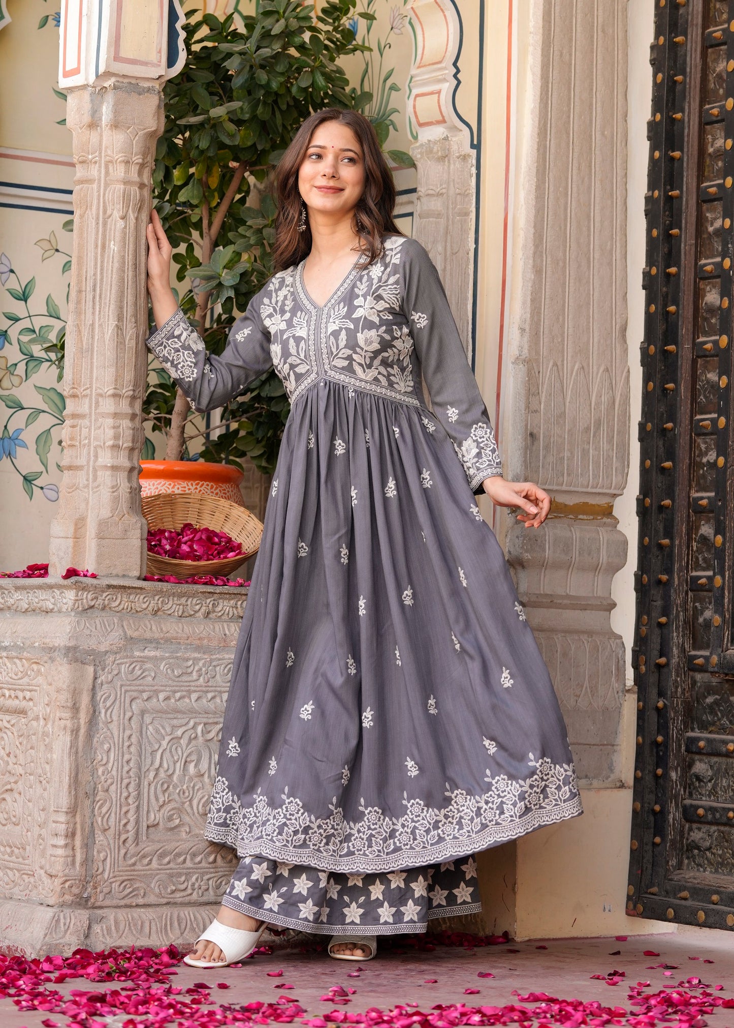 Grey Rayon Ethnic Motif Embroidery Fit And Flared  Kurta With Sharara Set