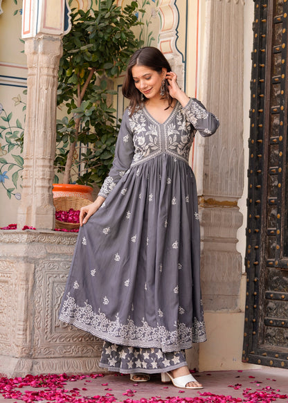 Grey Rayon Ethnic Motif Embroidery Fit And Flared  Kurta With Sharara Set