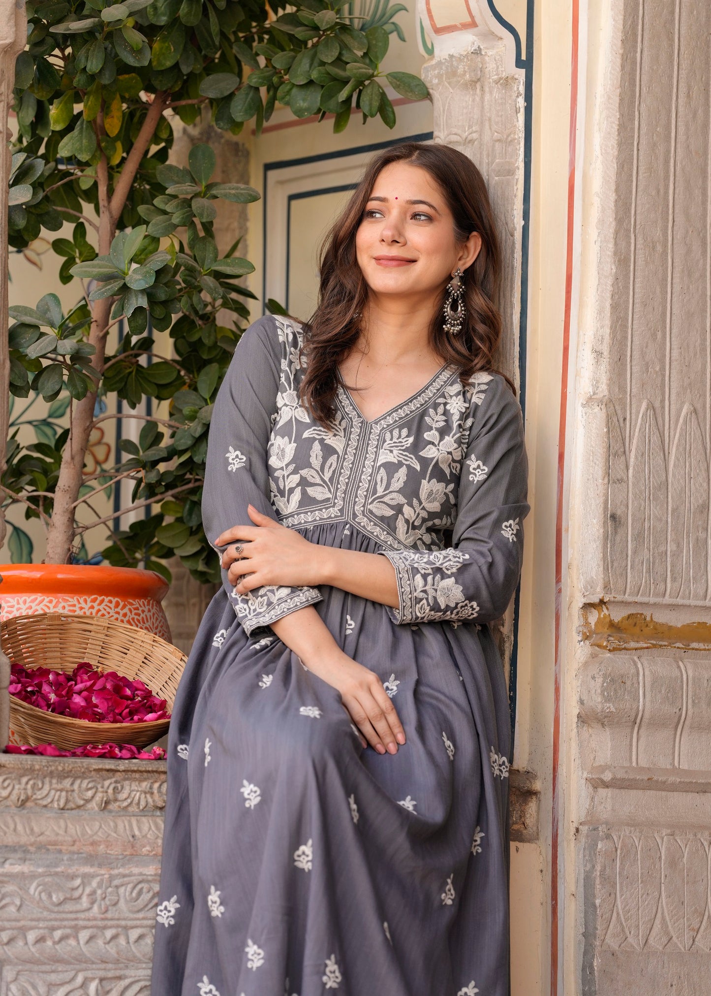 Grey Rayon Ethnic Motif Embroidery Fit And Flared  Kurta With Sharara Set