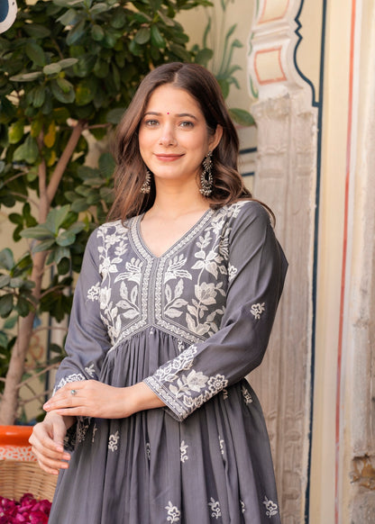 Grey Rayon Ethnic Motif Embroidery Fit And Flared  Kurta With Sharara Set