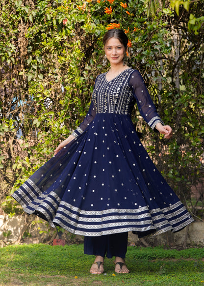 Blue Ethnic Motifs Embroidered Sequinned Kurta & Trousers With Dupatta