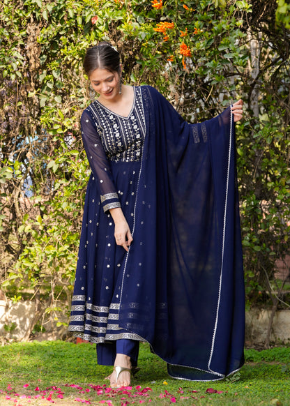 Blue Ethnic Motifs Embroidered Sequinned Kurta & Trousers With Dupatta