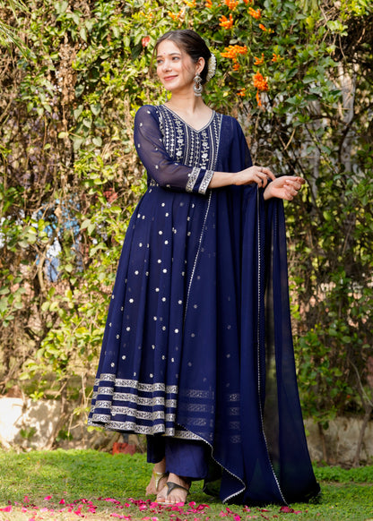 Blue Ethnic Motifs Embroidered Sequinned Kurta & Trousers With Dupatta