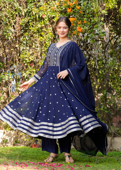 Blue Ethnic Motifs Embroidered Sequinned Kurta & Trousers With Dupatta