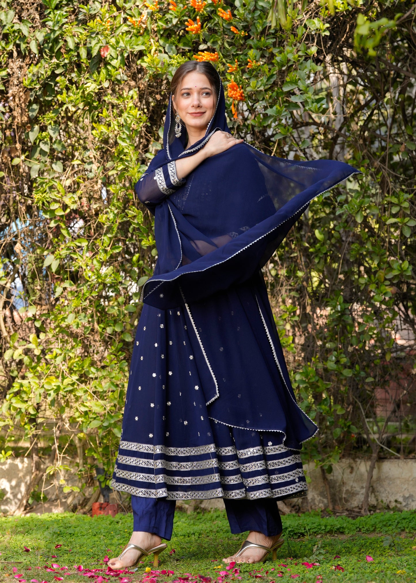 Blue Ethnic Motifs Embroidered Sequinned Kurta & Trousers With Dupatta