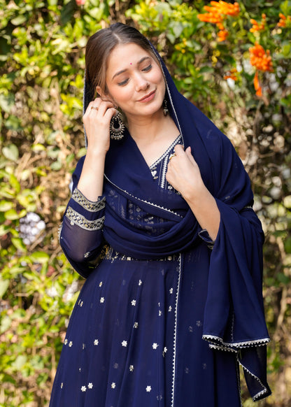 Blue Ethnic Motifs Embroidered Sequinned Kurta & Trousers With Dupatta