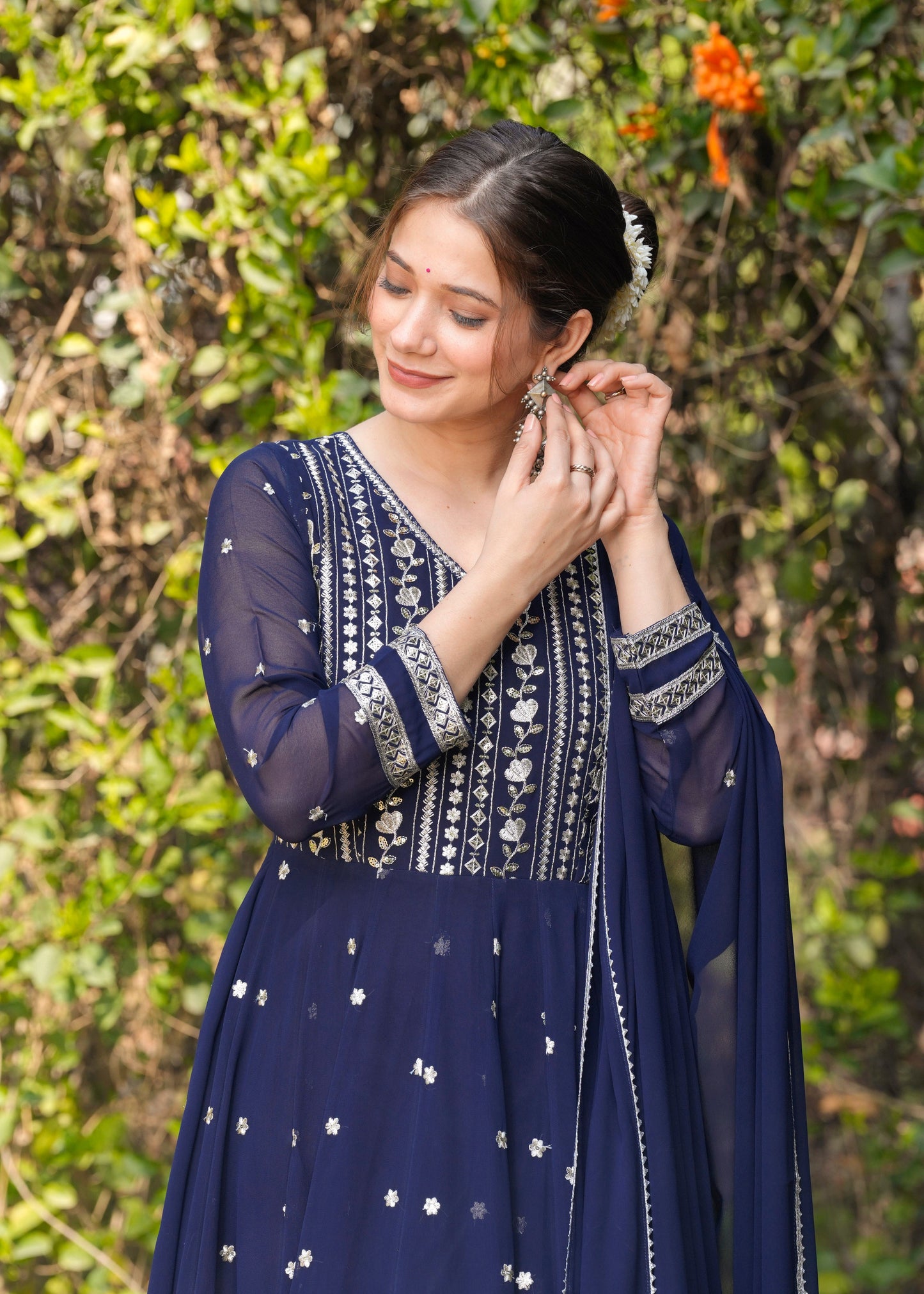 Blue Ethnic Motifs Embroidered Sequinned Kurta & Trousers With Dupatta