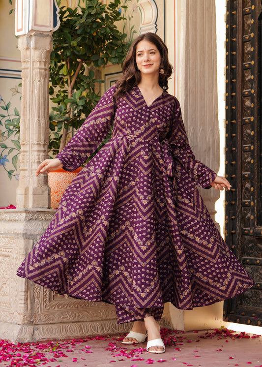 Wine Viscose Chanderi Foil  Printed Ethnic Motif Anarkali Kurta With Palazzo Set