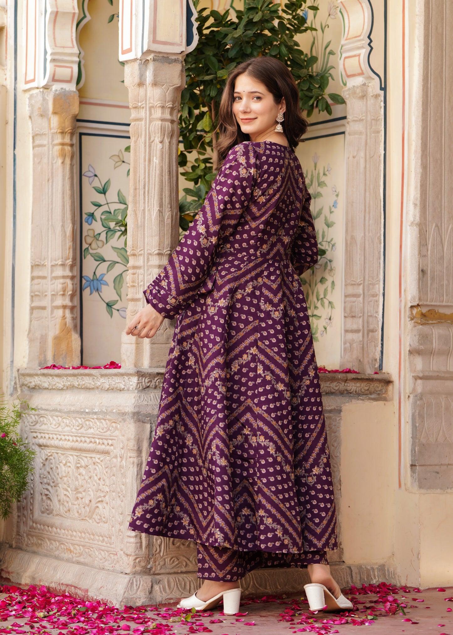 Wine Viscose Chanderi Foil  Printed Ethnic Motif Anarkali Kurta With Palazzo Set