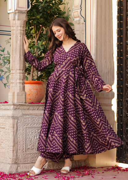 Wine Viscose Chanderi Foil  Printed Ethnic Motif Anarkali Kurta With Palazzo Set