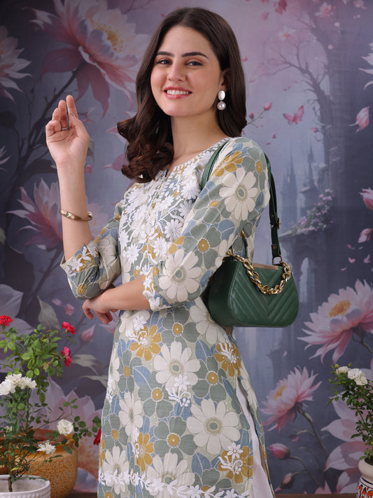 Floral Printed Notch Neck Chikankari Pure Cotton Straight Kurti