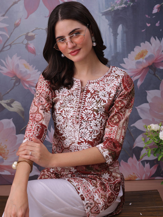 Floral Printed Notch Neck Chikankari Pure Cotton Straight Kurti