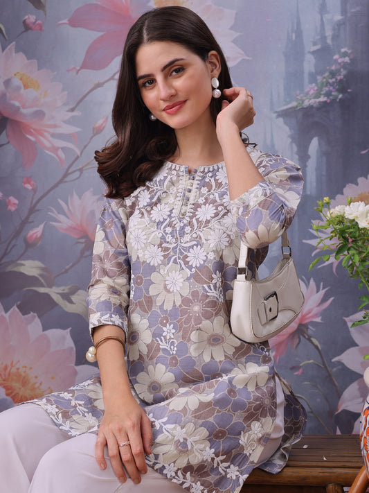 Floral Printed Notch Neck Chikankari Pure Cotton Straight Kurti