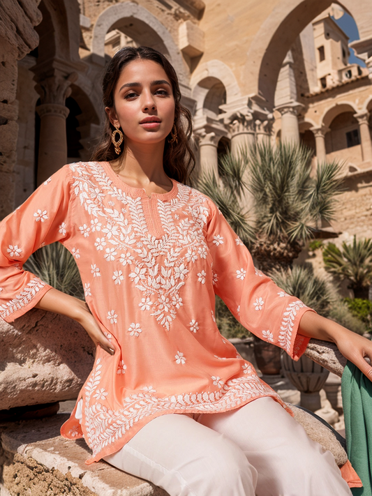 Peach Solid Round Neck Chikankari Pure Cotton Straight Kurti