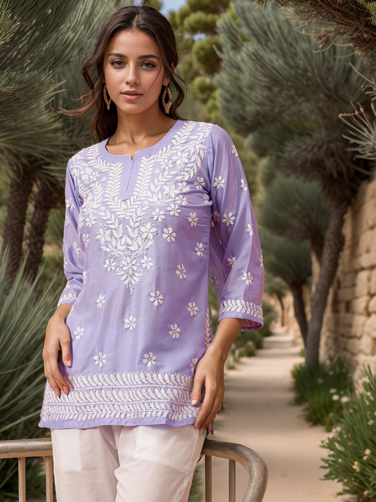 Purple Solid Round Neck Chikankari Pure Cotton Straight Kurti