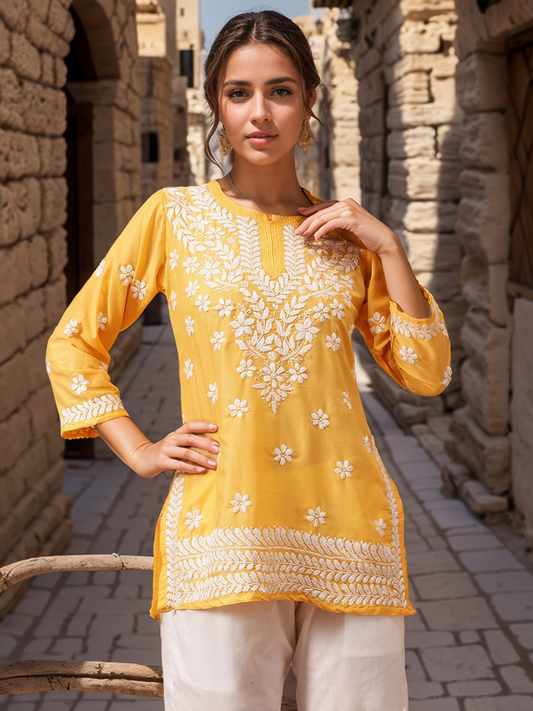 Yellow Solid Round Neck Chikankari Pure Cotton Straight Kurti