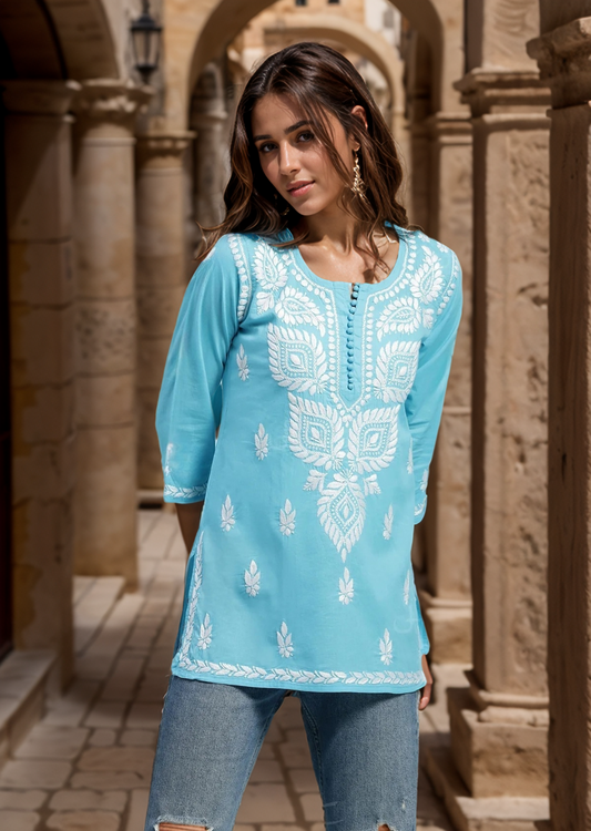 Firozi Solid Round Neck Chikankari Pure Cotton Straight Kurti