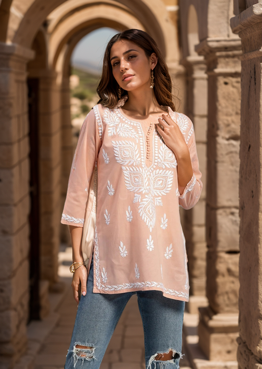 Peach Solid Round Neck Chikankari Pure Cotton Straight Kurti