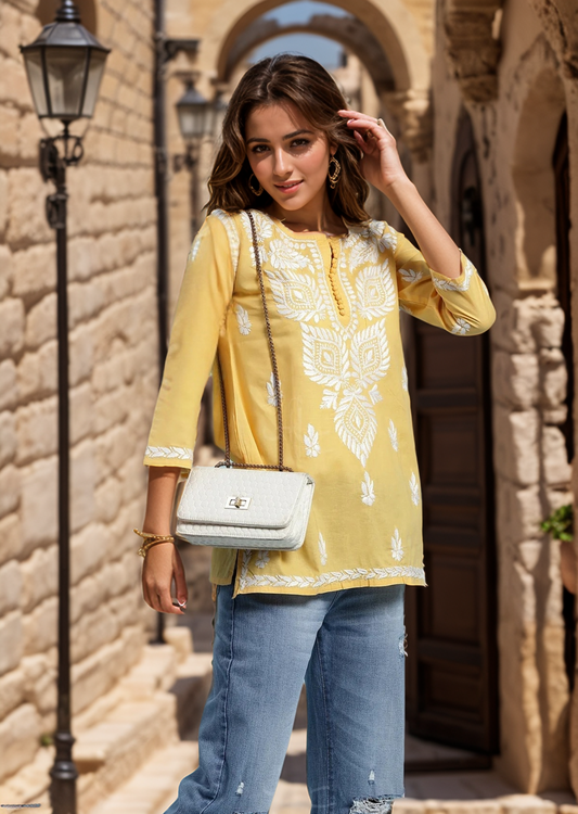Yellow Solid Round Neck Chikankari Pure Cotton Straight Kurti