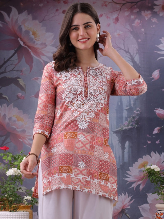 Floral Printed Notch Neck Chikankari Pure Cotton Straight Kurti