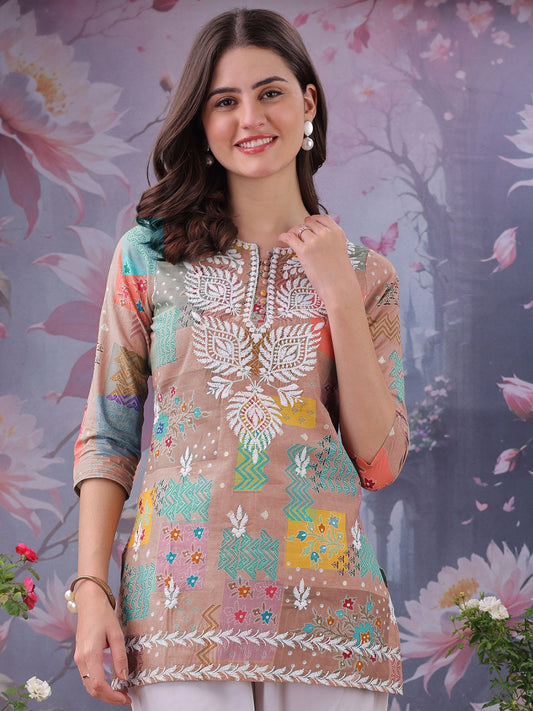 Peach Printed Notch Neck Chikankari Pure Cotton Straight Kurti