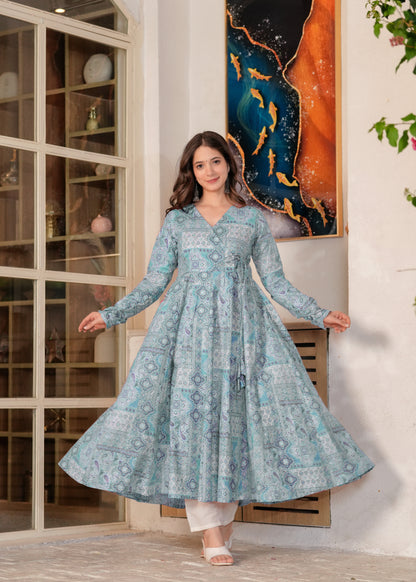 Firozi Cotton Ethnic Motif Anarkali Kurta With Palazzo Set