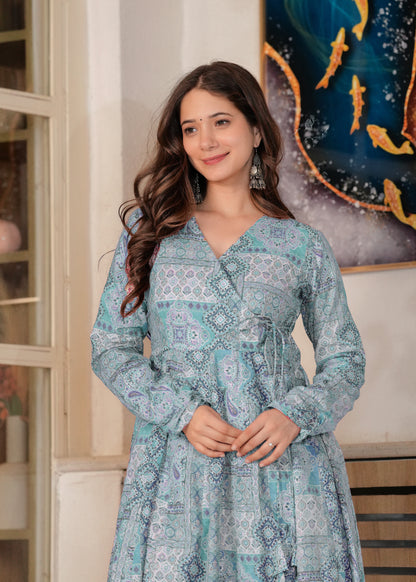 Firozi Cotton Ethnic Motif Anarkali Kurta With Palazzo Set