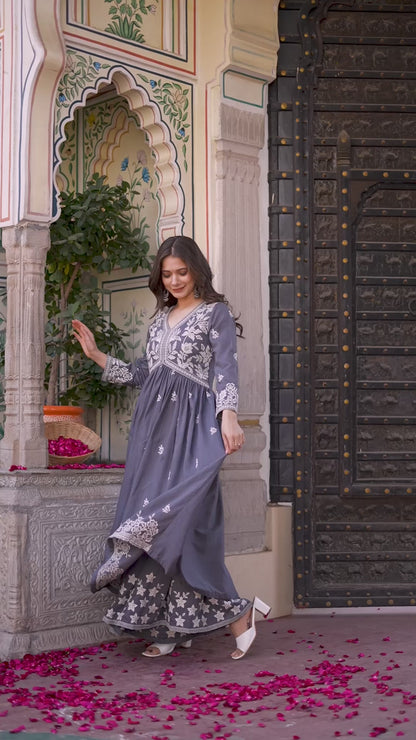 Grey Rayon Ethnic Motif Embroidery Fit And Flared  Kurta With Sharara Set