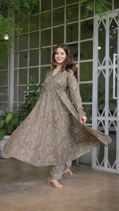 Grey Silk Cotton Ethnic Motif Anarkali Kurta With Palazzo Set