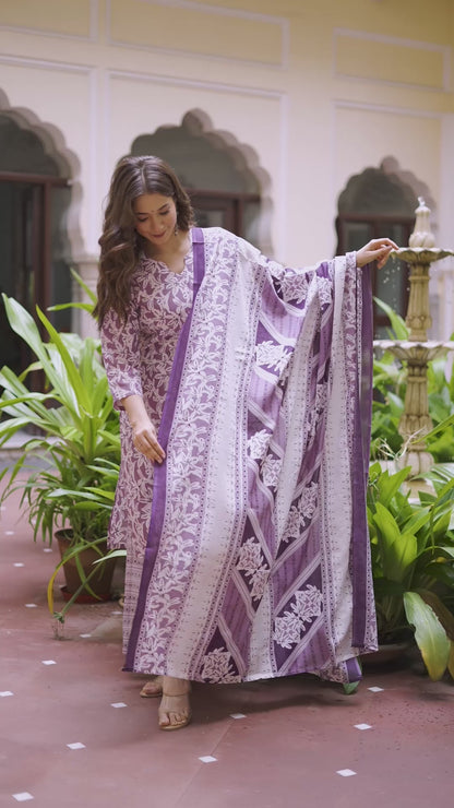 Purple Straight Printed Kurta and Palazzo With Dupatta