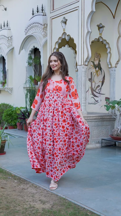 Orange Fit And Flared Floral Printed Gown & Dresses