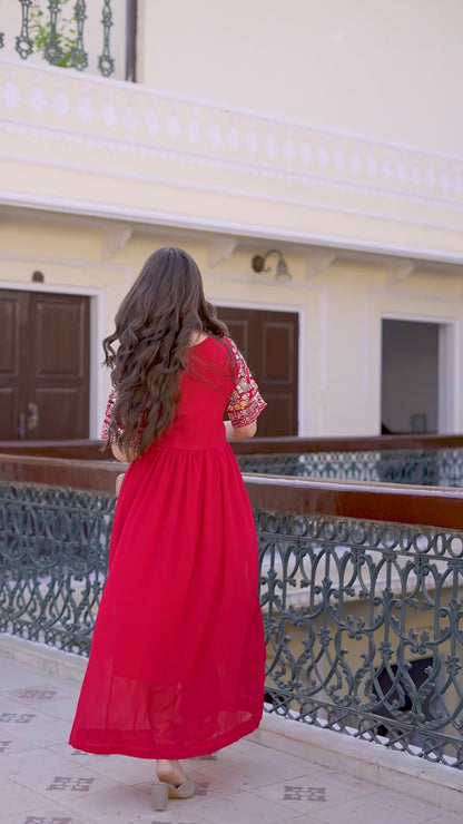 Red Fit And Flared Floral Embroidery Gown & Dresses